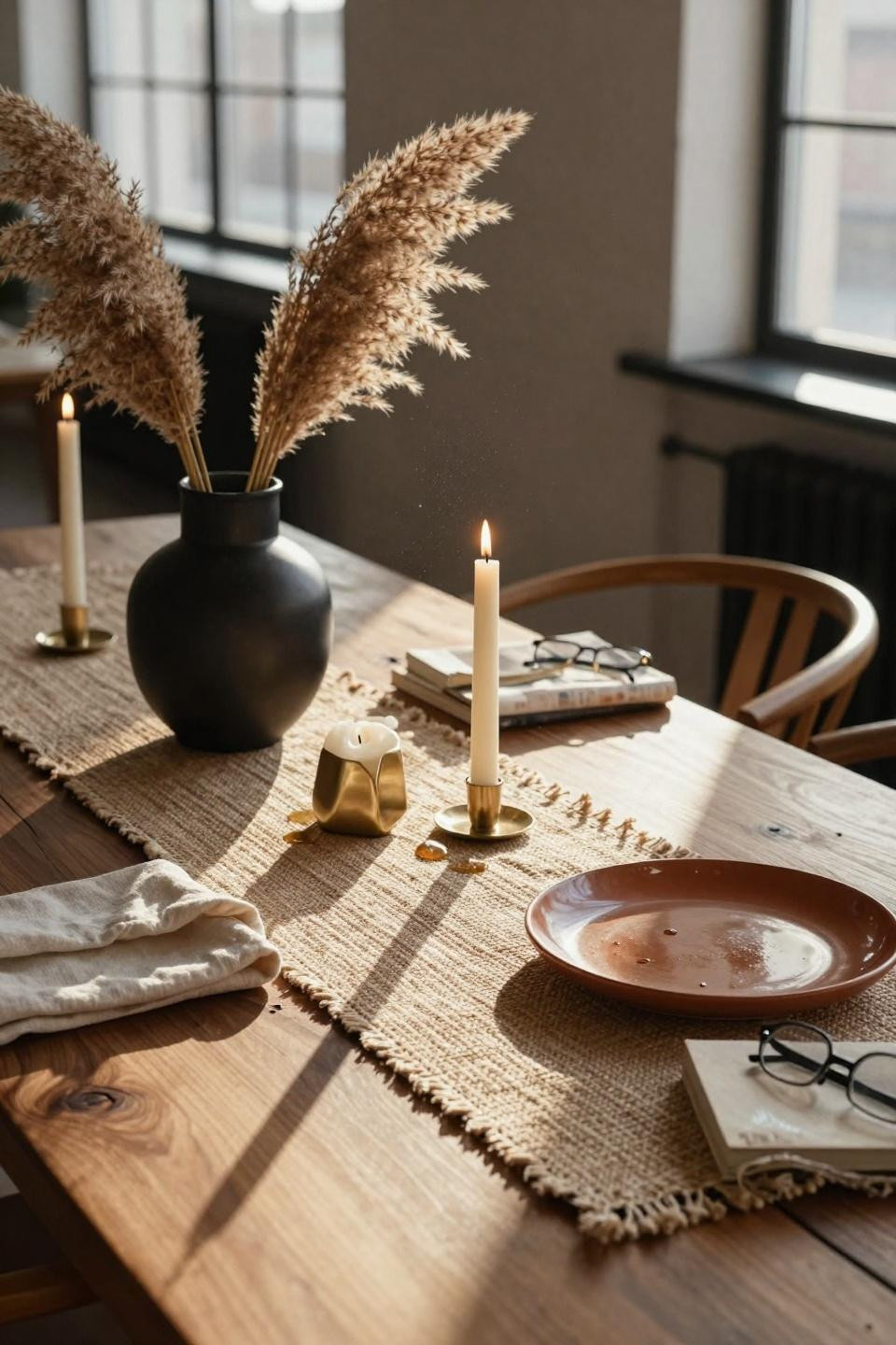 Organic Modern Dining Room detail shot of walnut table with jute and brass