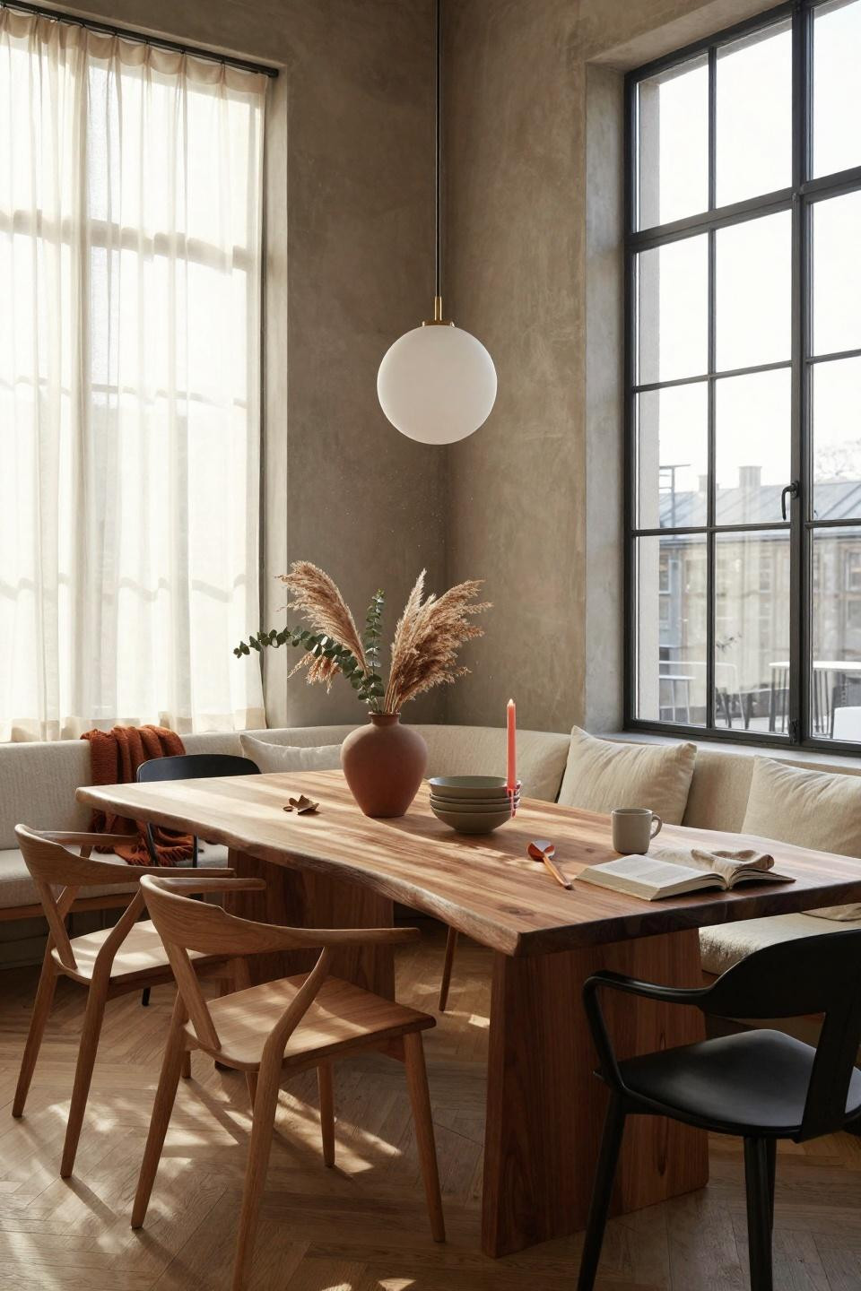 Organic Modern Dining Room featuring mixed Wishbone chairs and terracotta accents
