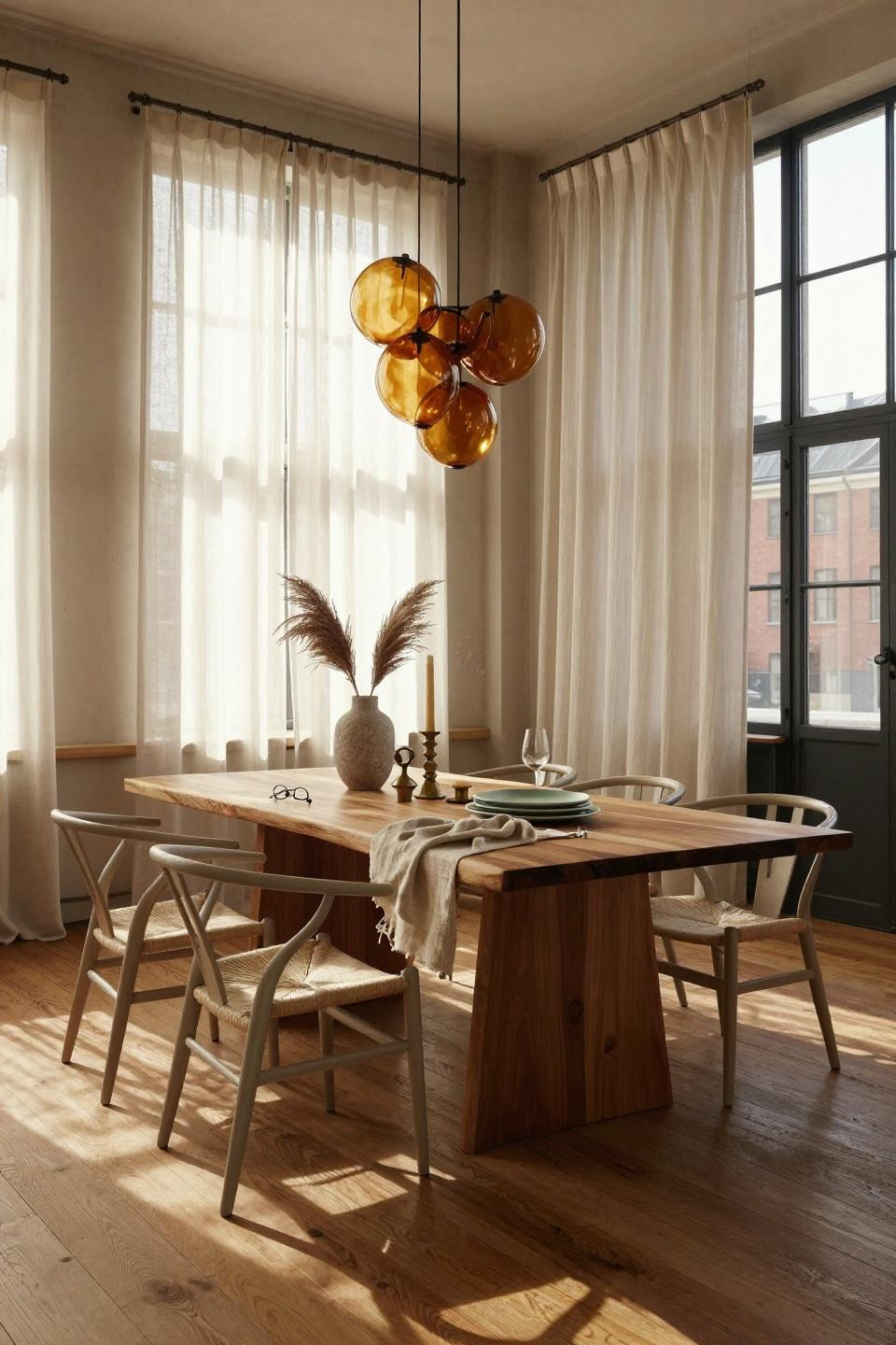 Organic Modern Dining Room featuring amber glass pendant lights and walnut furniture
