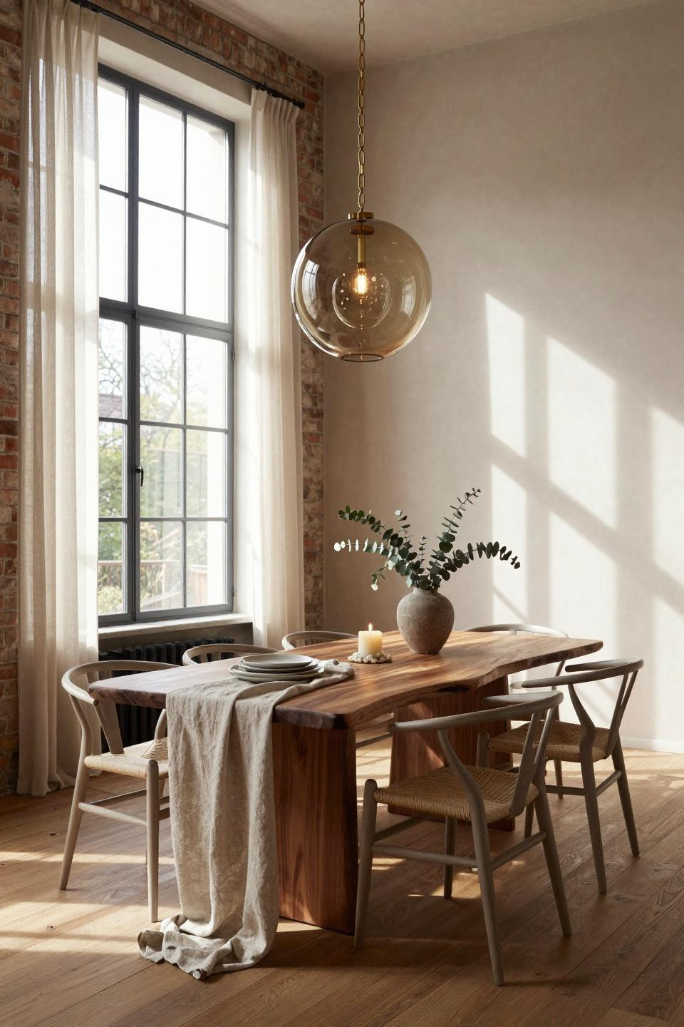 Organic Modern Dining Room with teak chairs and brass pendant lighting