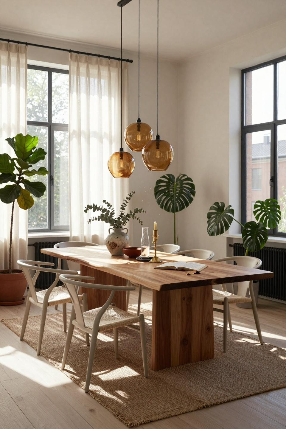 Organic Modern Dining Room in warehouse loft with steel windows