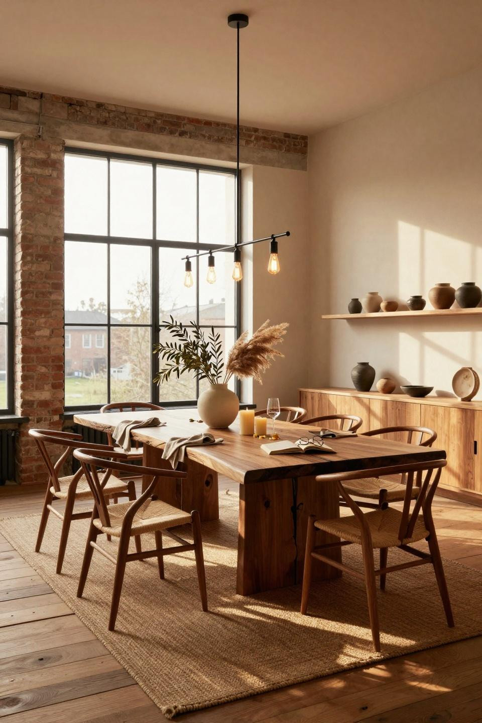 Organic Modern Dining Room featuring exposed brick and live-edge walnut table