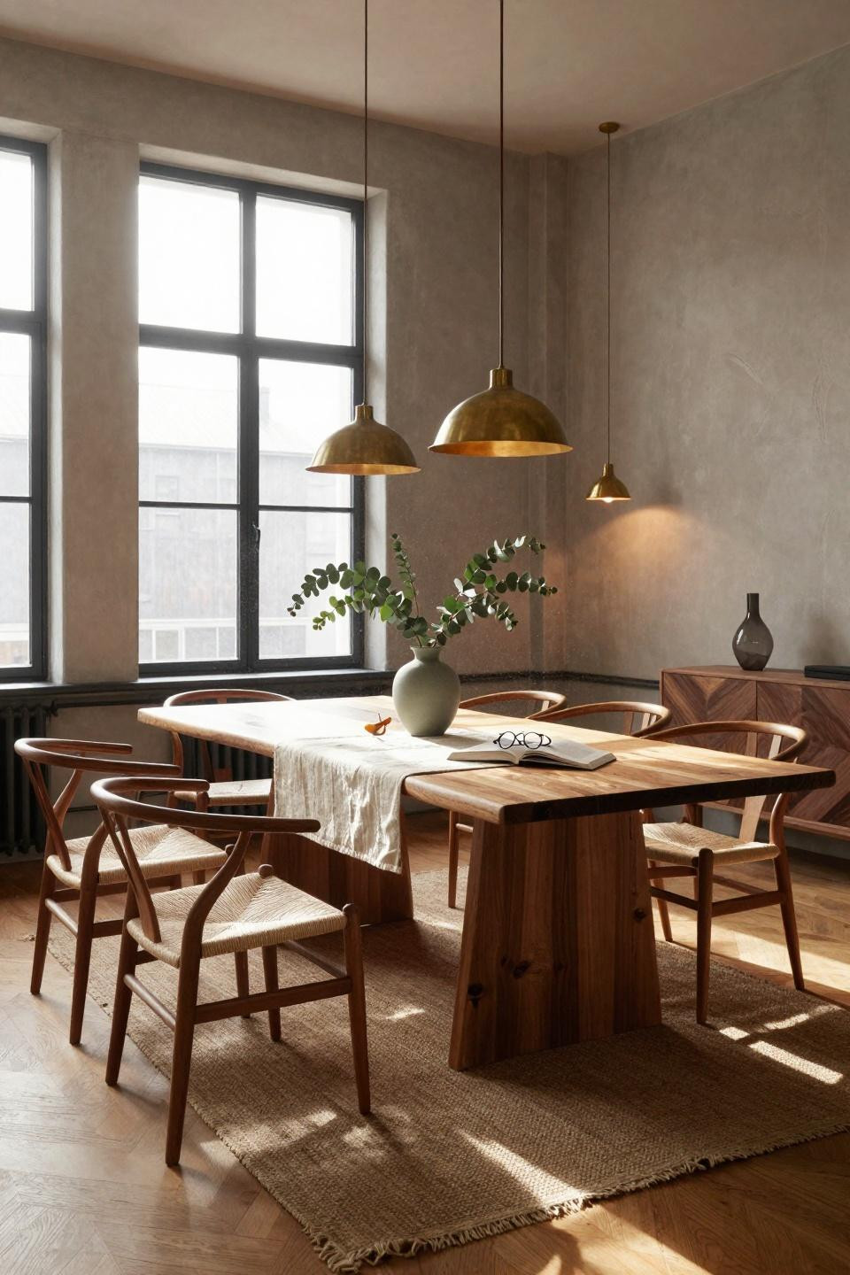 Organic Modern Dining Room with greige plaster walls and brass lighting
