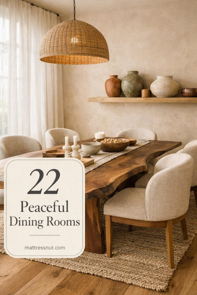 Dining space featuring light wood table, neutral linen chairs, soft natural lighting, and minimalist organic decor elements