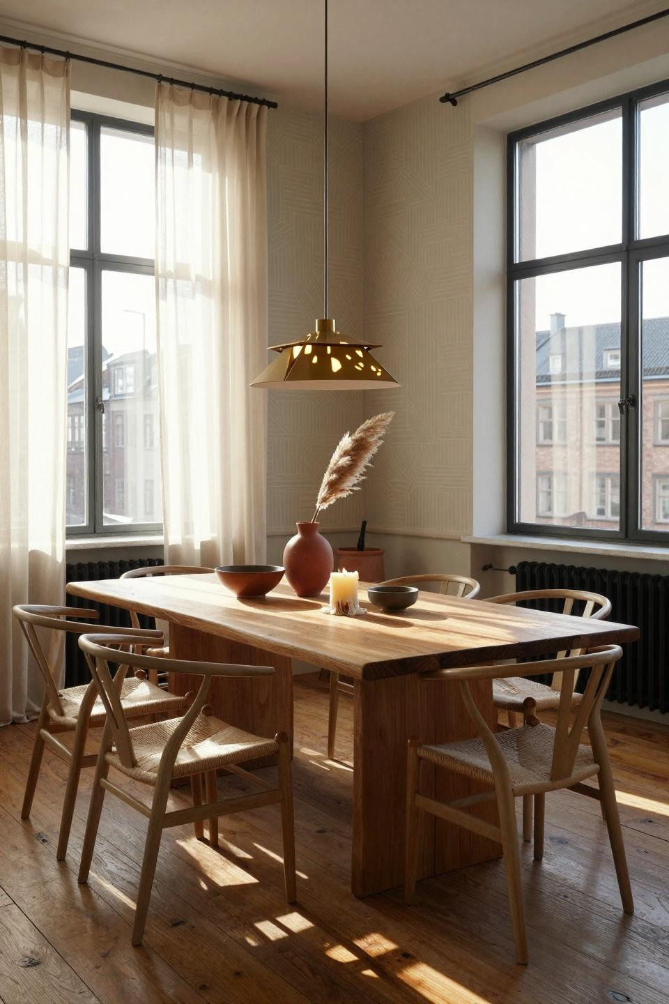 Organic Modern Dining Room with live-edge oak table and steel-framed windows