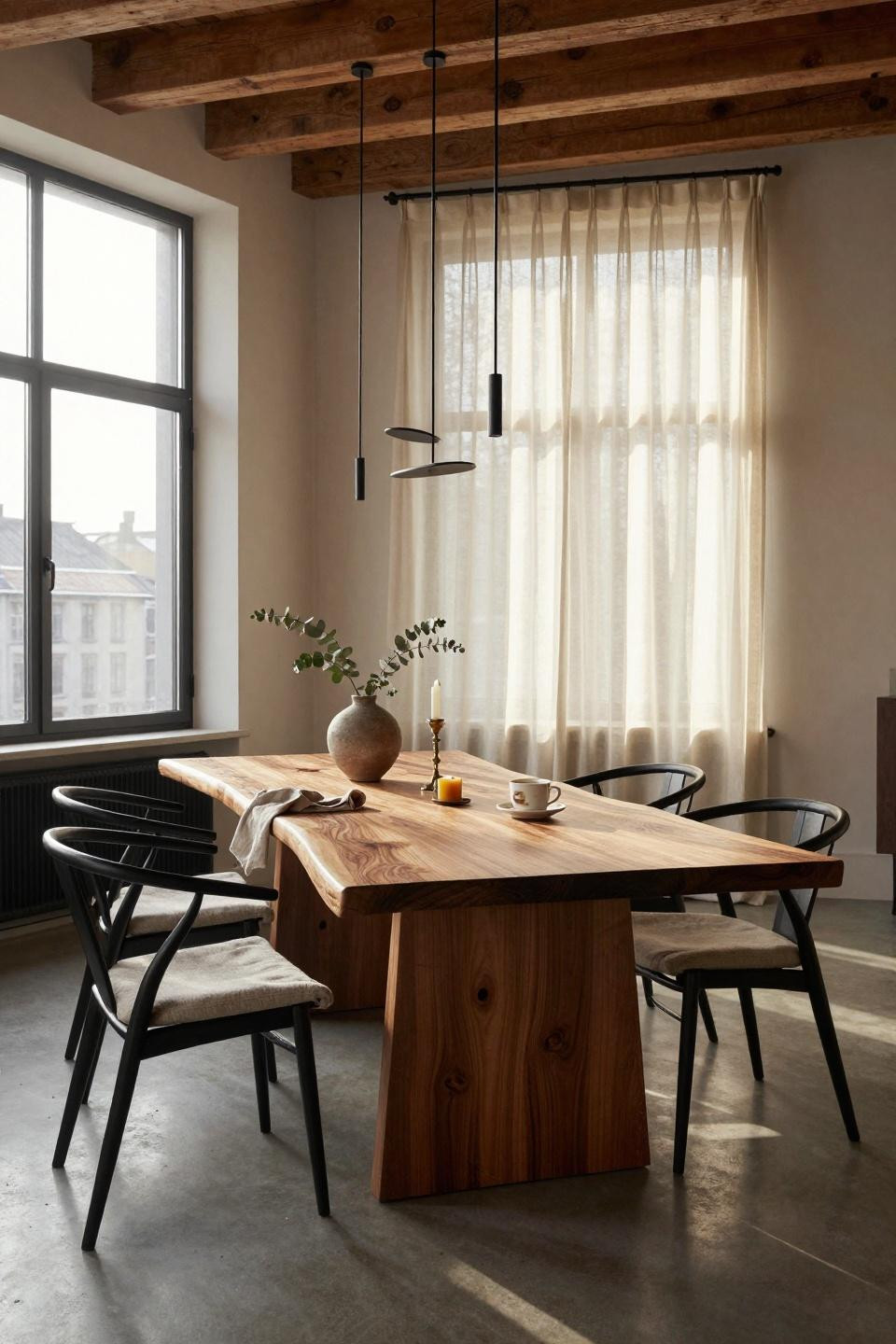 Organic Modern Dining Room showcasing full walnut table length with concrete flooring