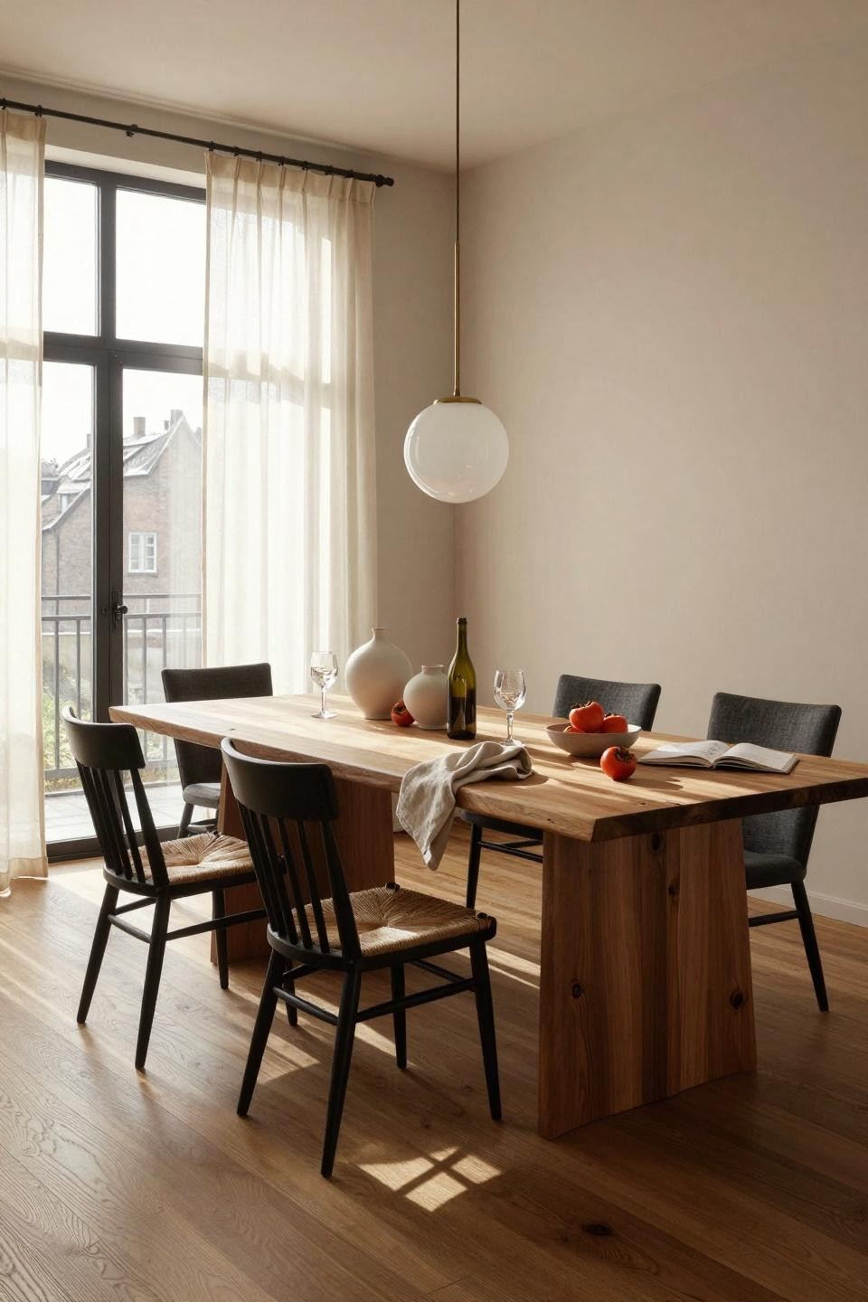 Organic Modern Dining Room featuring charcoal linen and honey oak tones