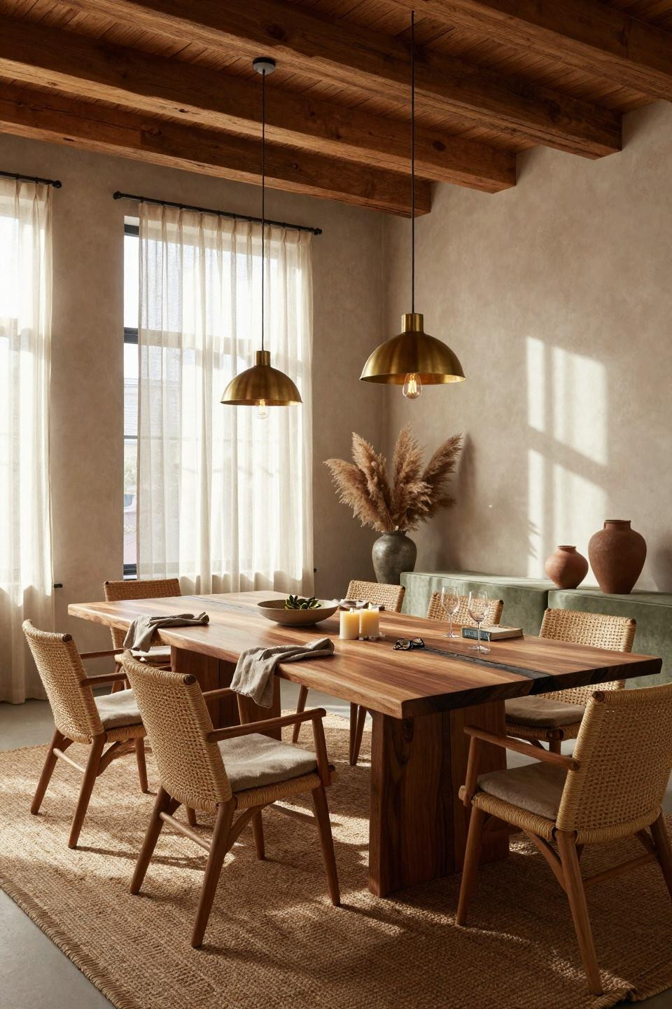 Organic Modern Dining Room featuring sage green accents and walnut furniture