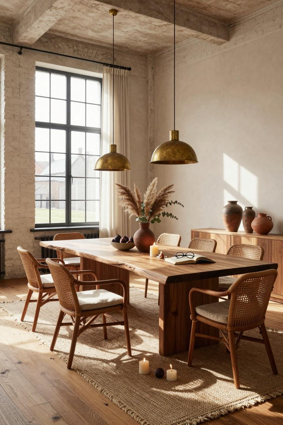 Organic Modern Dining Room blending boho style with rattan and terracotta