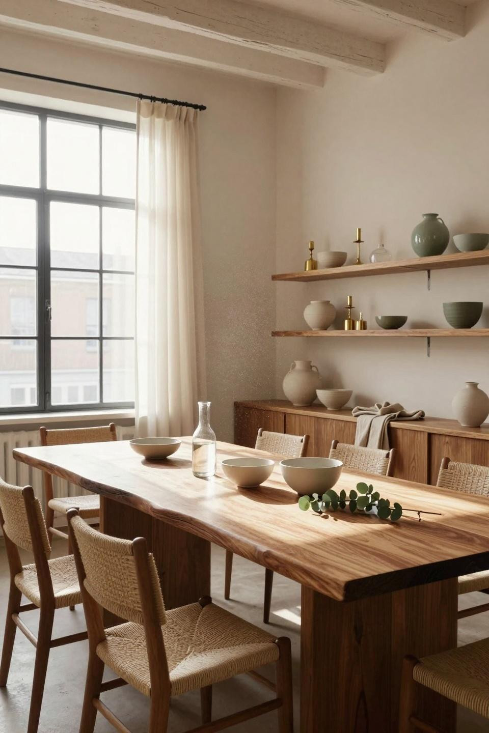 Organic Modern Dining Room bathed in natural light with eucalyptus centerpiece