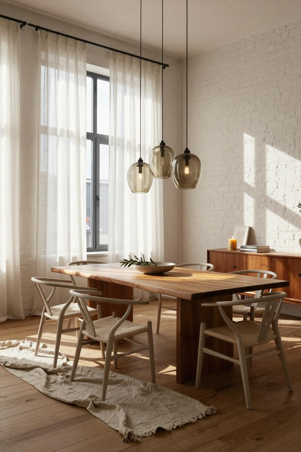 Organic Modern Dining Room with exposed white brick and amber pendant lights