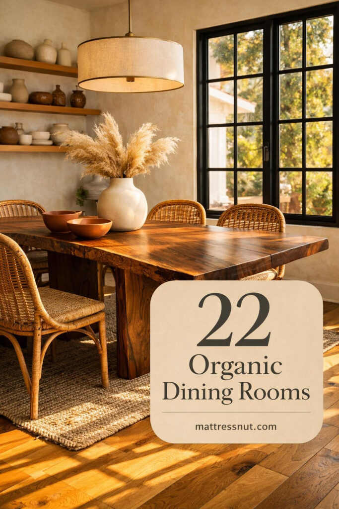 Walnut dining table surrounded by woven rattan chairs on honey oak flooring with natural morning sunlight streaming through windows