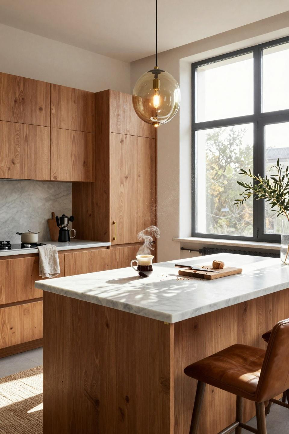 Organic Modern Kitchen with Carrara marble island and sculptural pendant