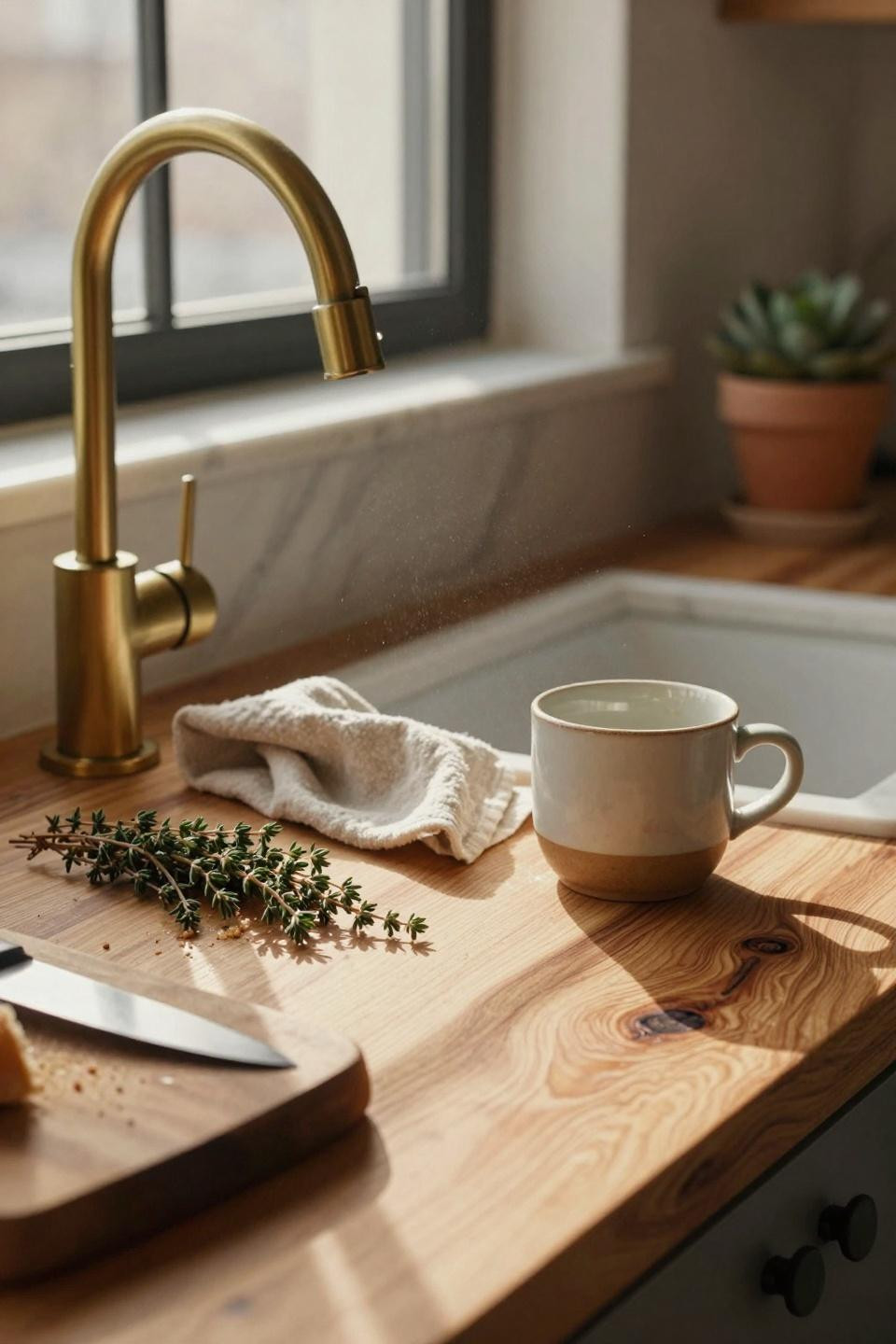Organic Modern Kitchen natural wood counter with oak grain and brass details