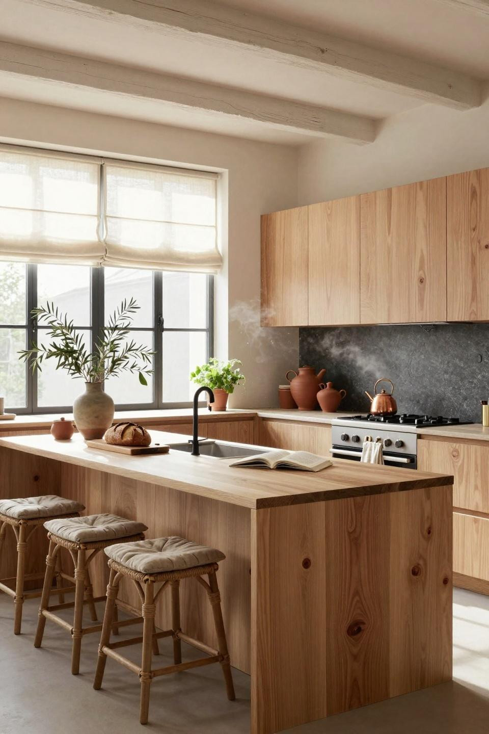 Organic Modern Kitchen with white oak waterfall island and rattan stools