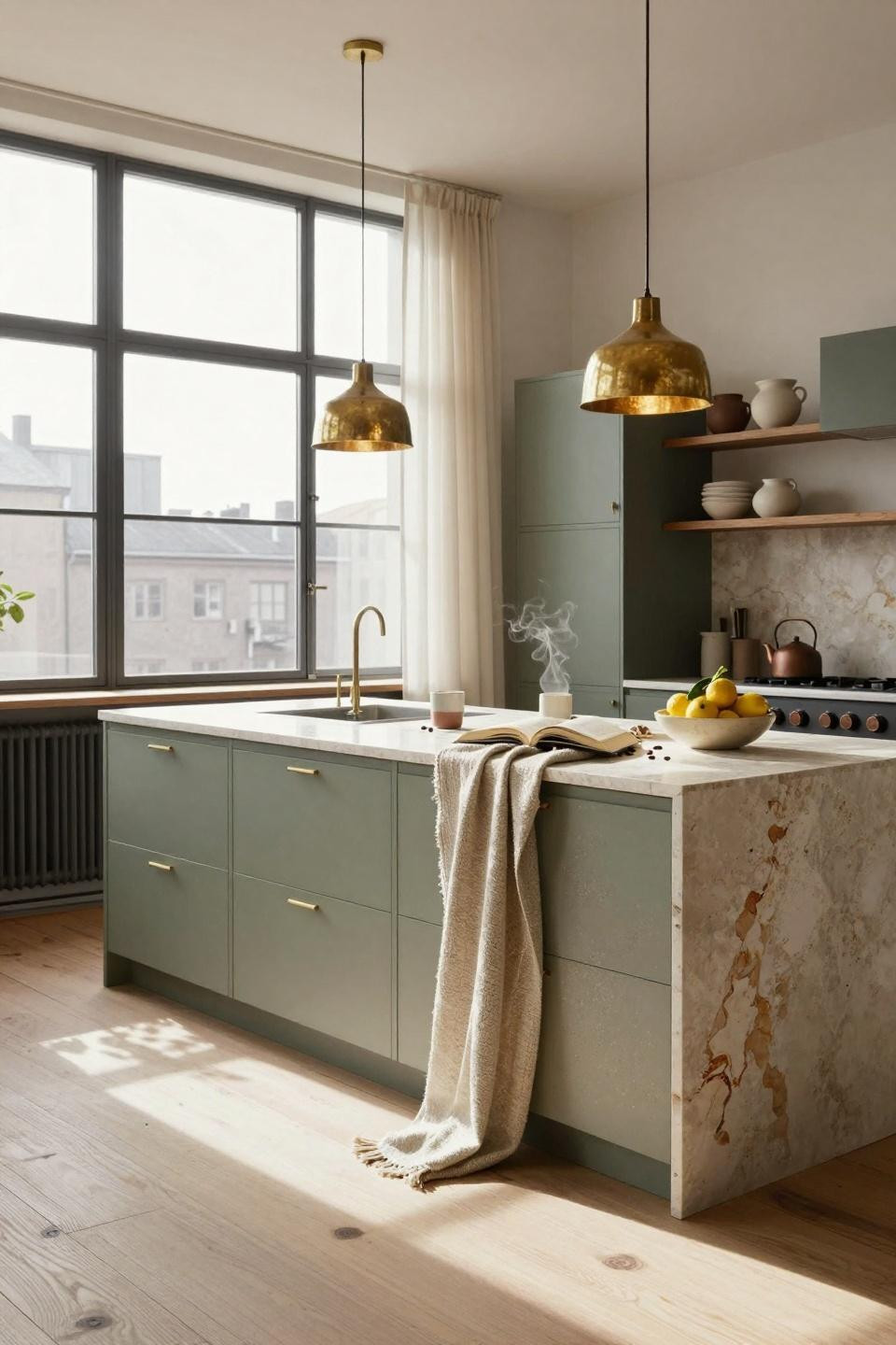 Organic Modern Kitchen with travertine island and matte sage cabinetry