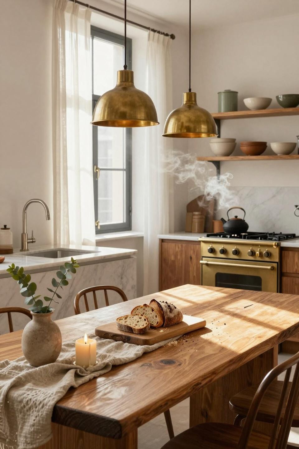 Organic Modern Kitchen with reclaimed oak dining table and live edge