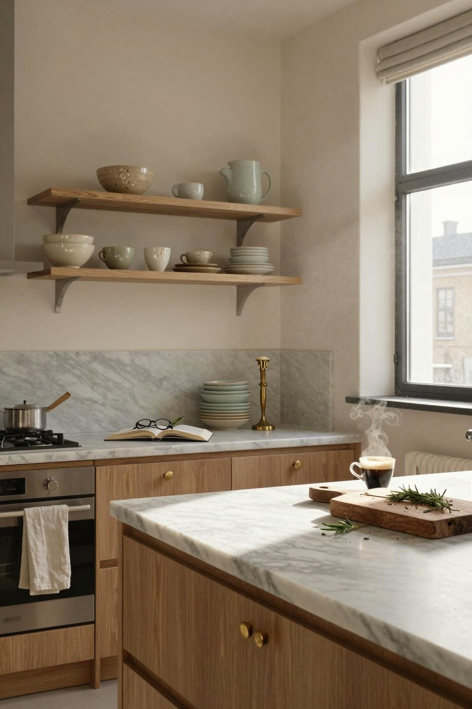Organic Modern Kitchen with oak shelving and Carrara marble island