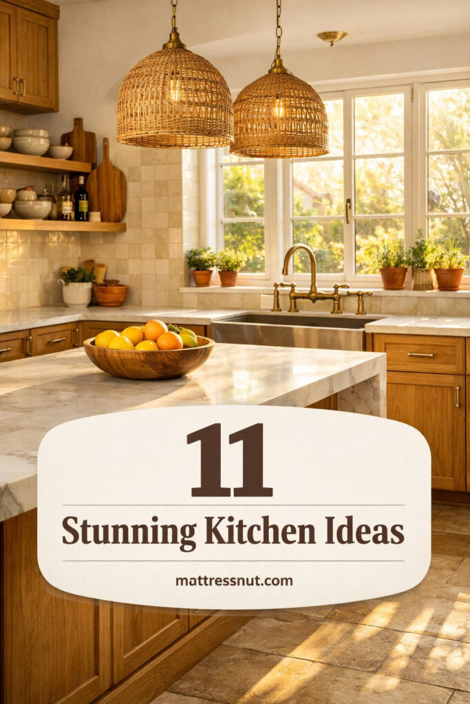 Warm honey oak cabinets in a modern kitchen with white countertops, natural wood textures, and soft morning sunlight