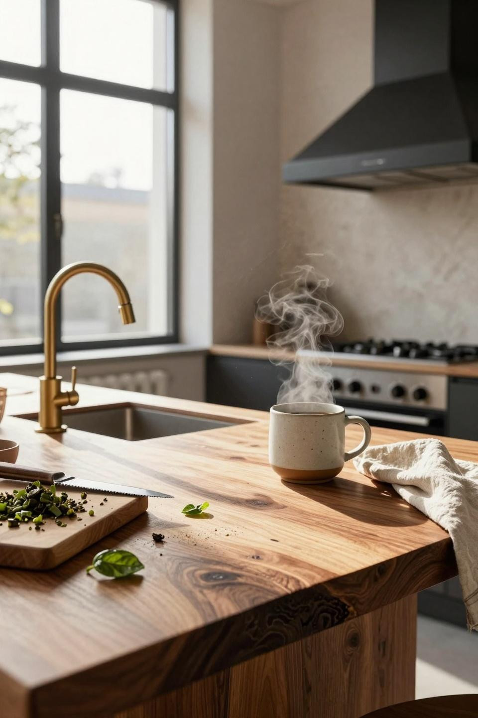 Organic Modern Kitchen live-edge walnut countertop closeup with coffee steam