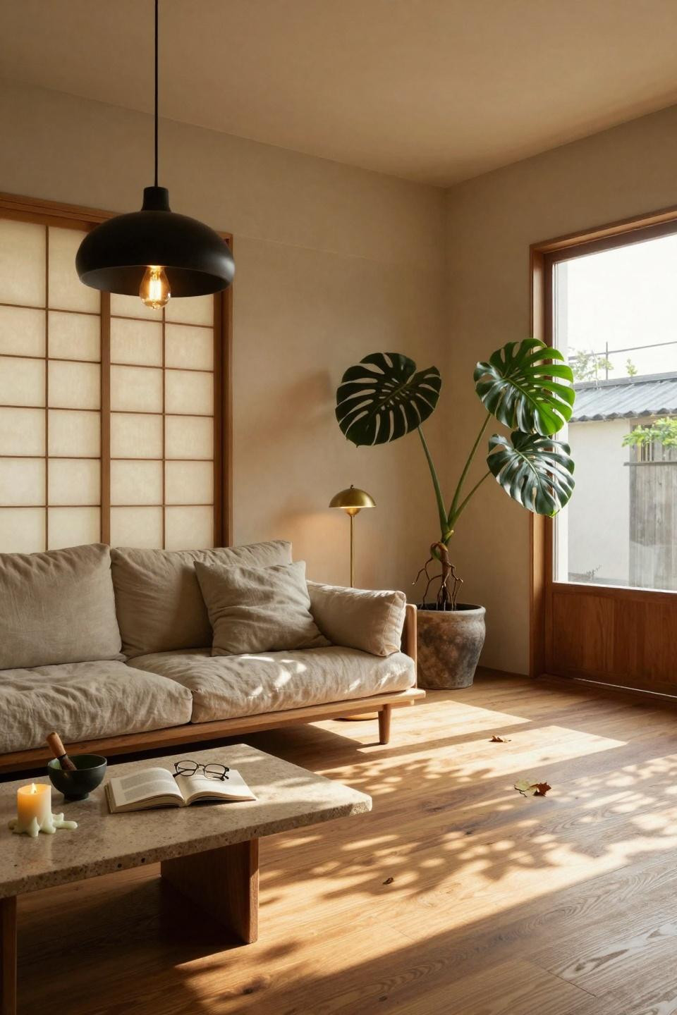 Organic Modern Living Room with Japanese shoji screens