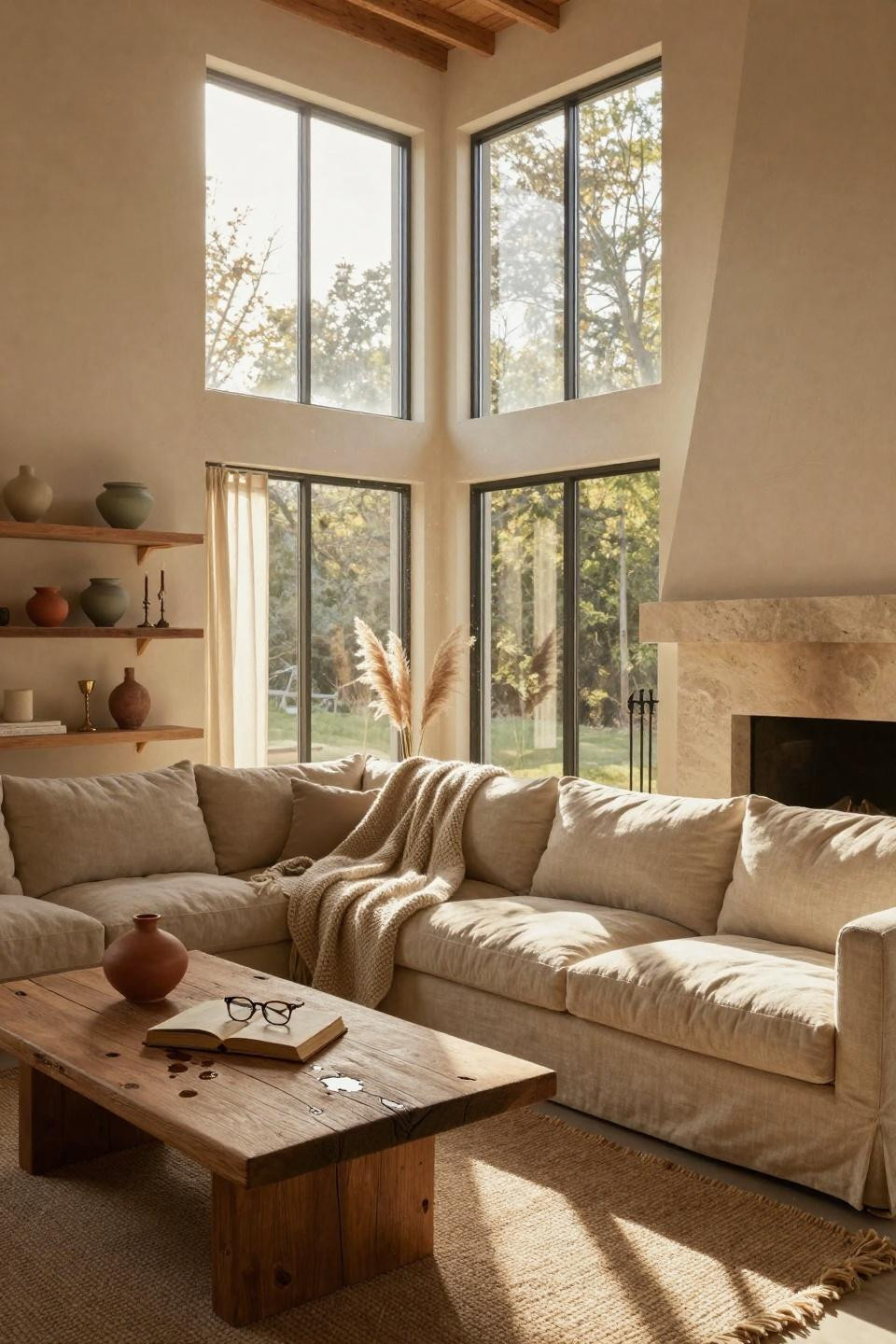 Organic Modern Living Room in converted barn with fireplace