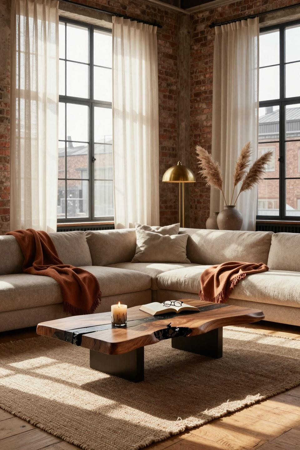 Organic Modern Living Room featuring dramatic lighting and live-edge wood