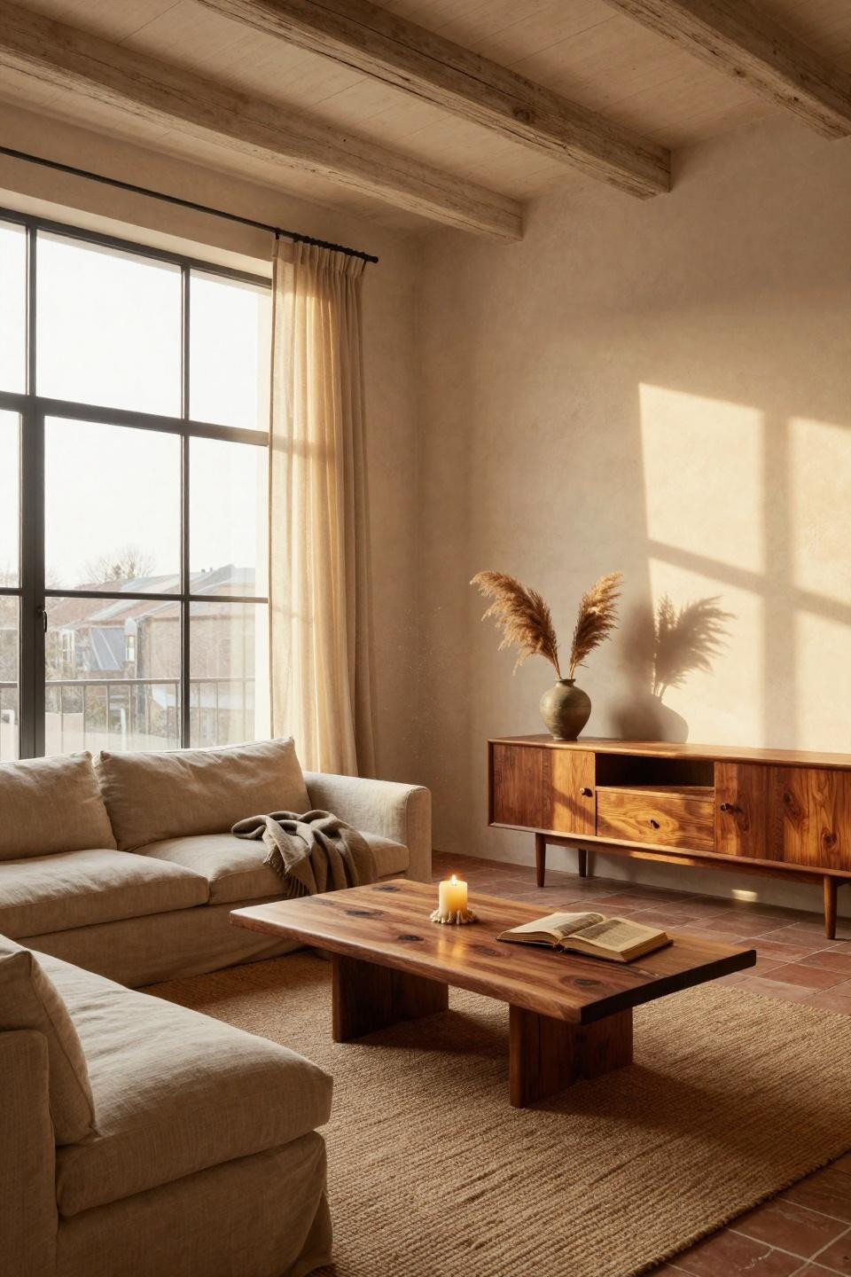 Organic Modern Living Room with whitewashed brick and teak furniture