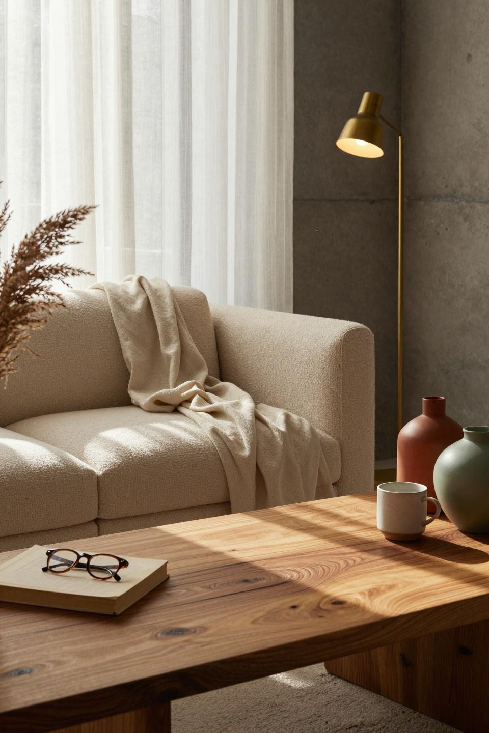 Organic Modern Living Room showcasing textured oak and ceramic details