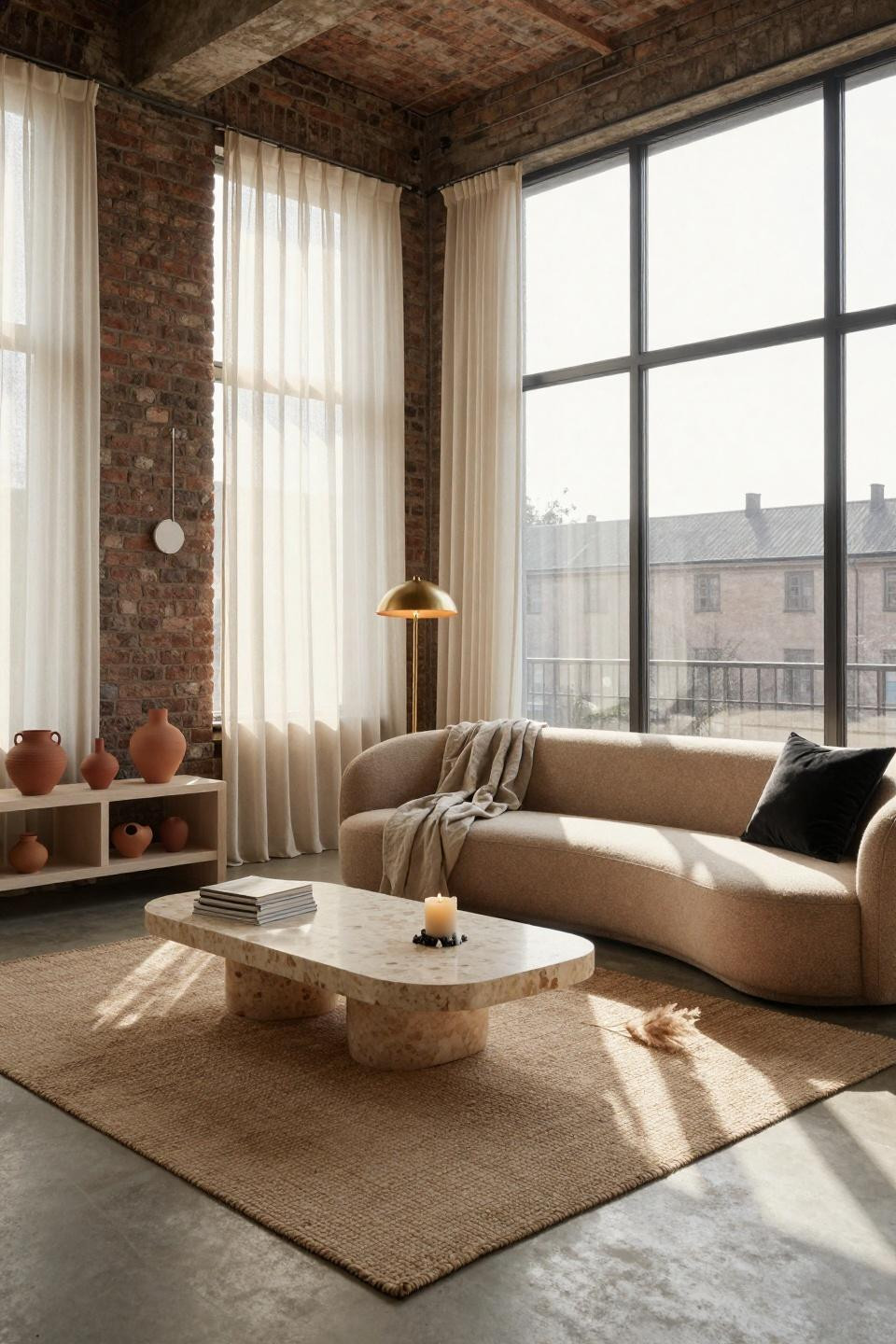 Organic Modern Living Room with exposed brick and curved sofa