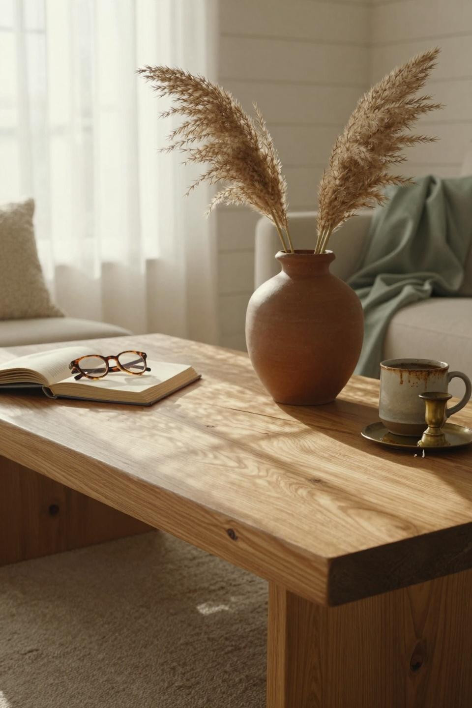 Organic Modern Living Room close-up of oak and ceramic details