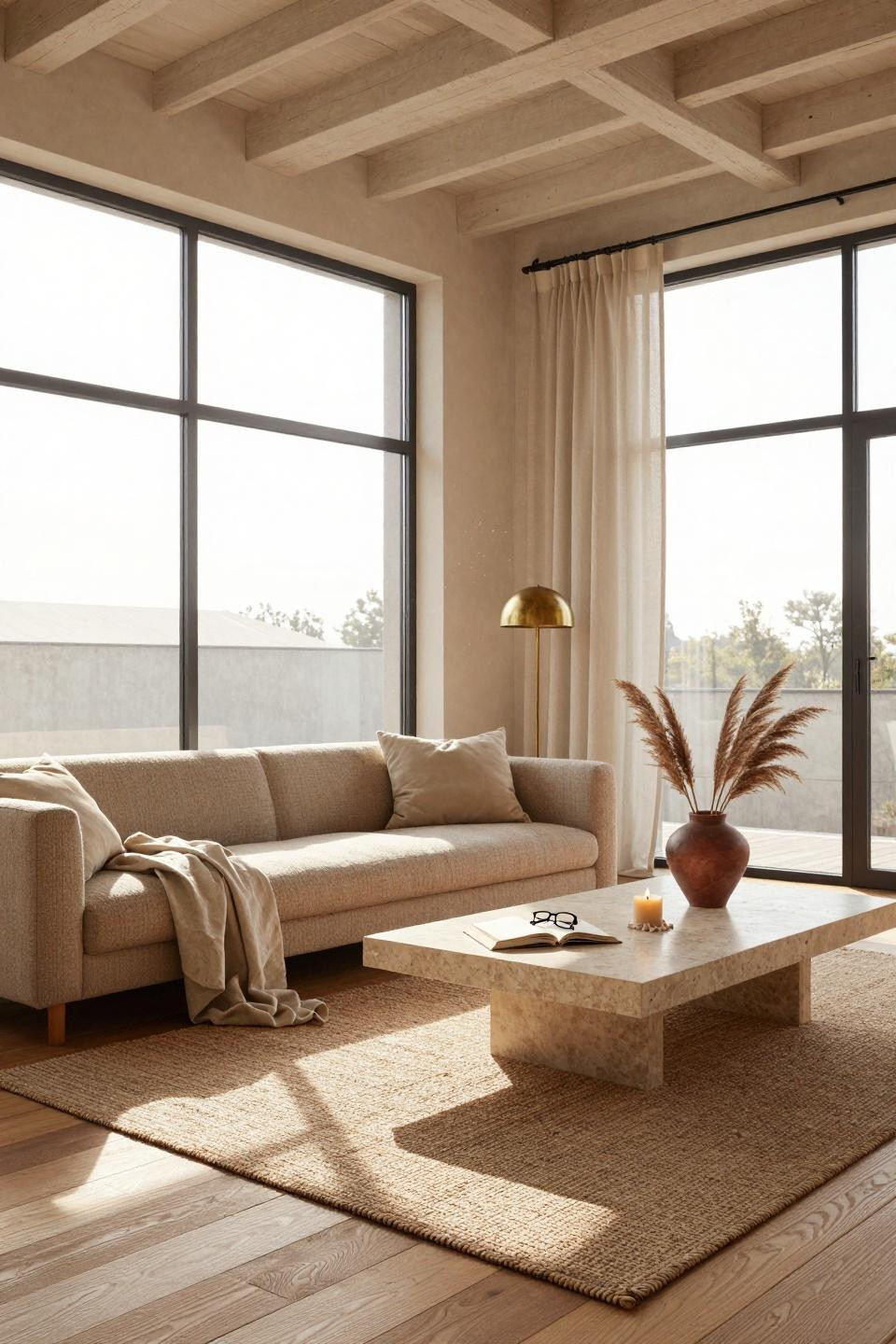 Organic Modern Living Room featuring travertine table and bouclé sofa