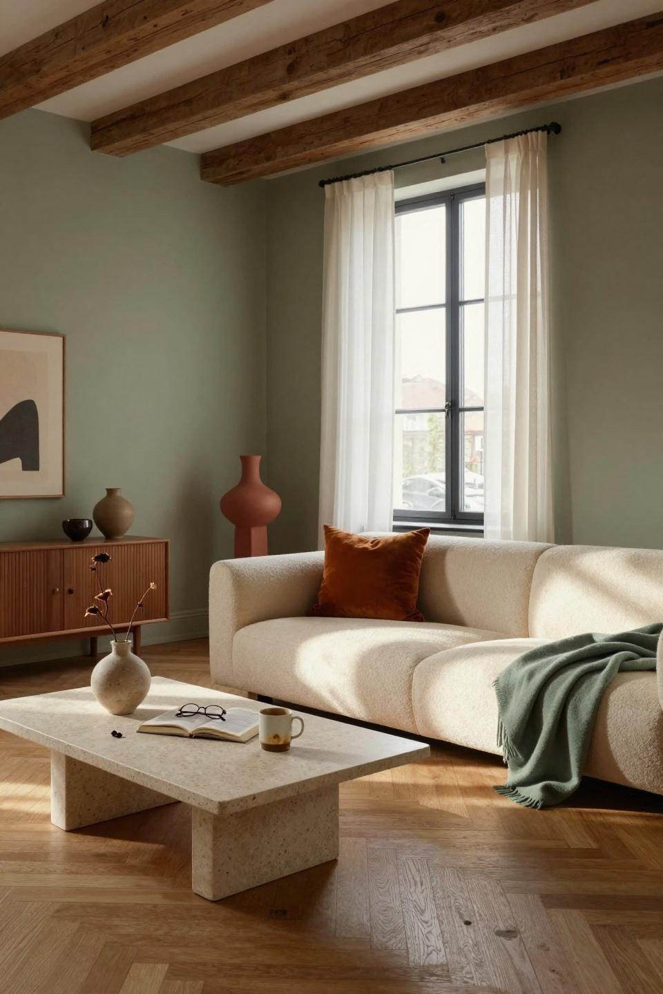 Organic Modern Living Room with sage walls and oak floors