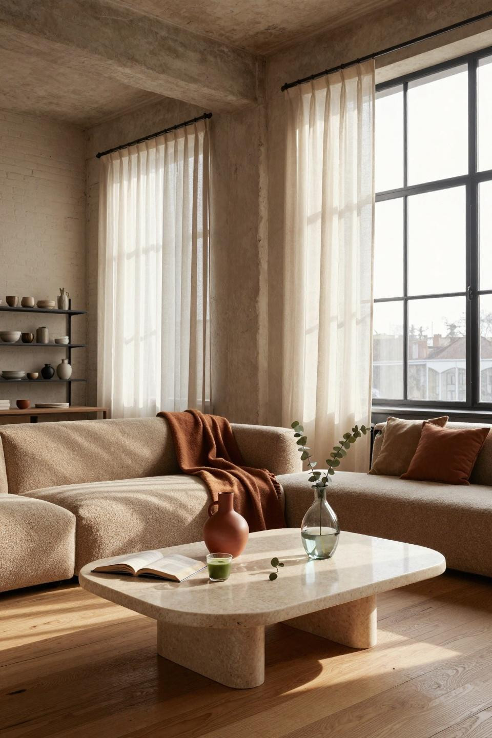 Organic Modern Living Room blending industrial and Japandi styles
