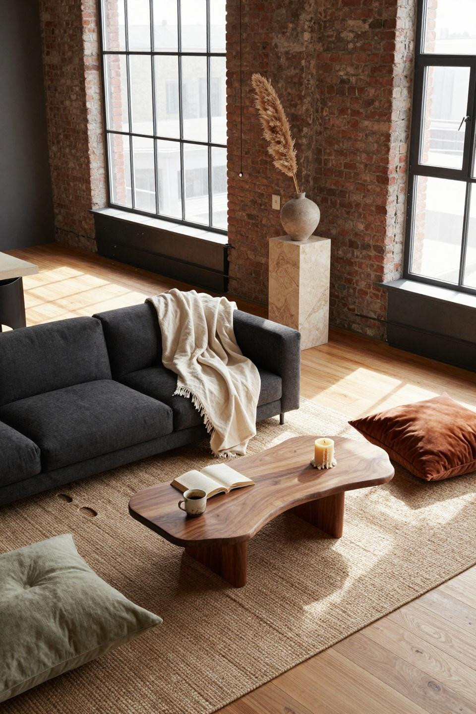 Organic Modern Living Room overhead view with walnut table