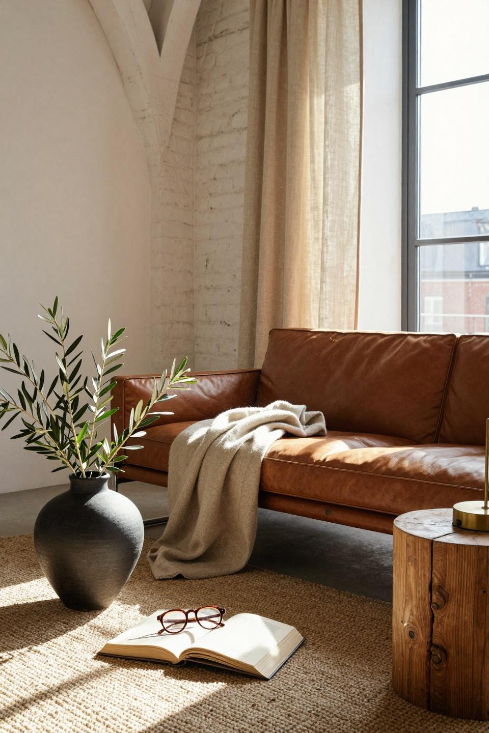 Organic Modern Living Room featuring cognac leather and natural elements