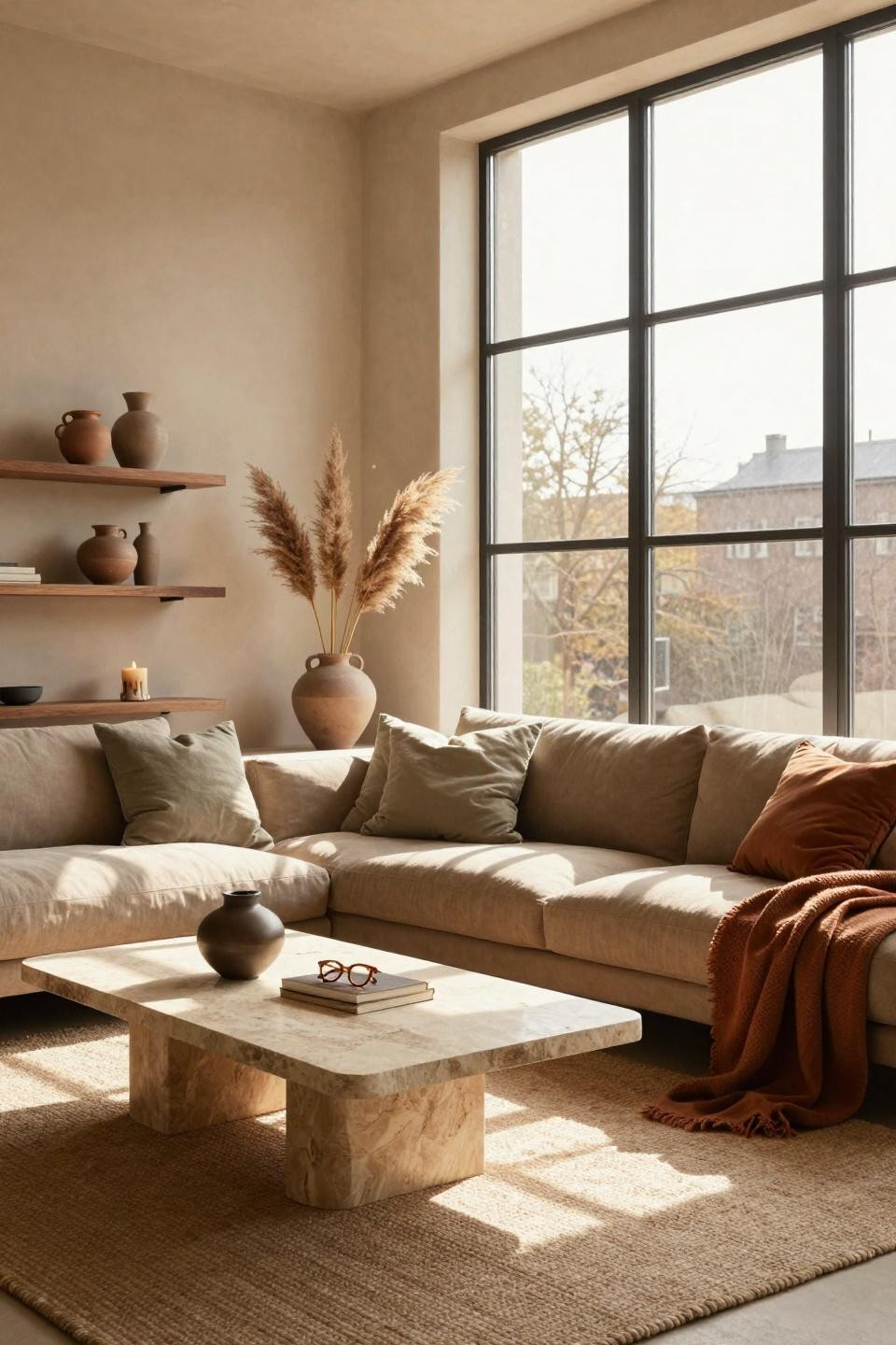 Organic Modern Living Room with steel windows and travertine table