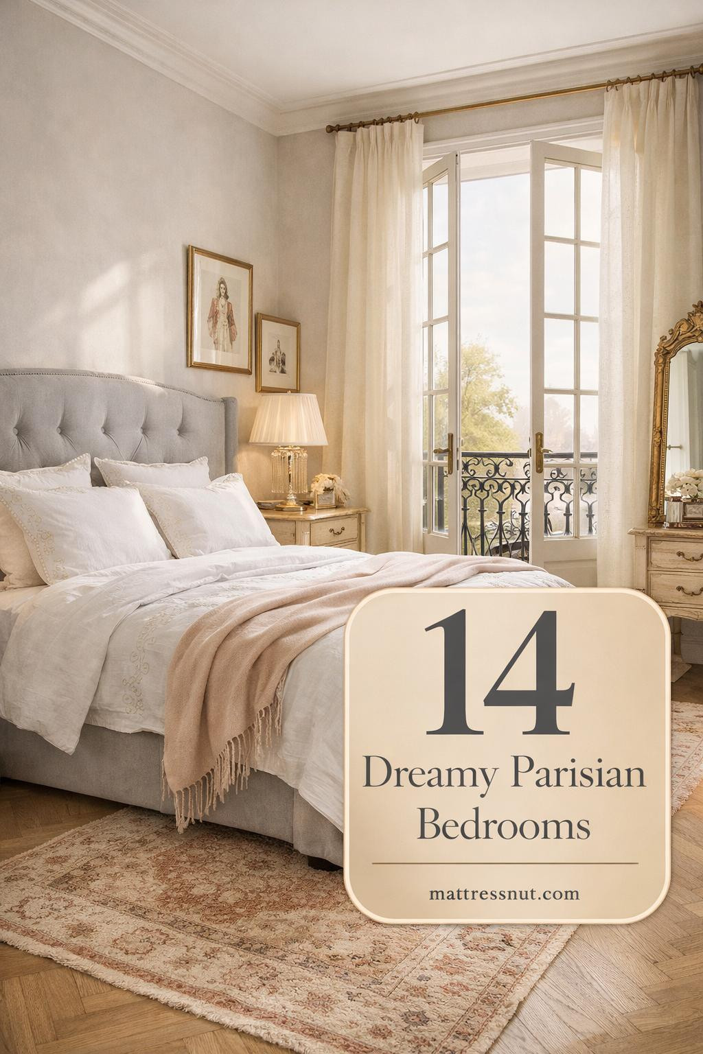 Luxurious bedroom featuring ornate molding, vintage chandelier, tufted velvet headboard, and romantic French-inspired details