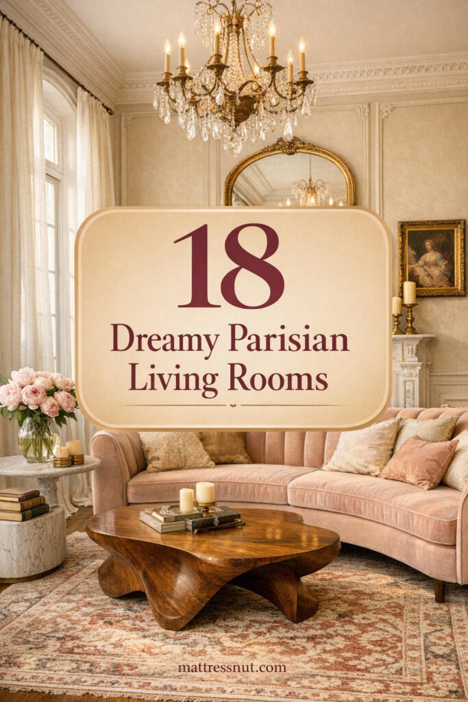 Elegant Parisian living room featuring blush velvet tufted sofa, marble fireplace, gilded mirror, crystal chandelier, and rose-toned Persian rug