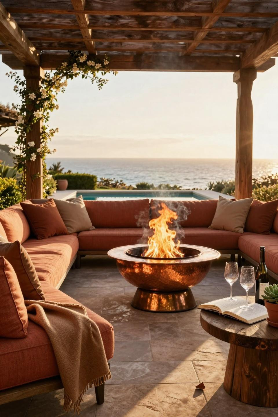 Backyard Fire Pit Ideas Lounge Areas - Pacific overlook with copper fire bowl