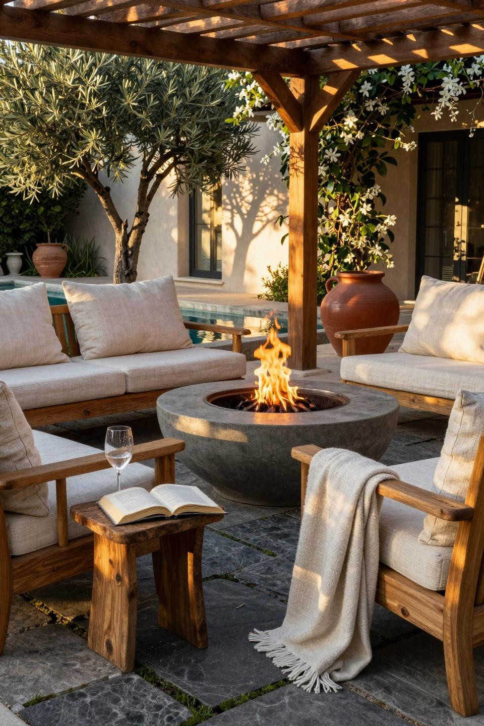 Backyard Fire Pit Ideas Lounge Areas - pergola with sculptural fire pit