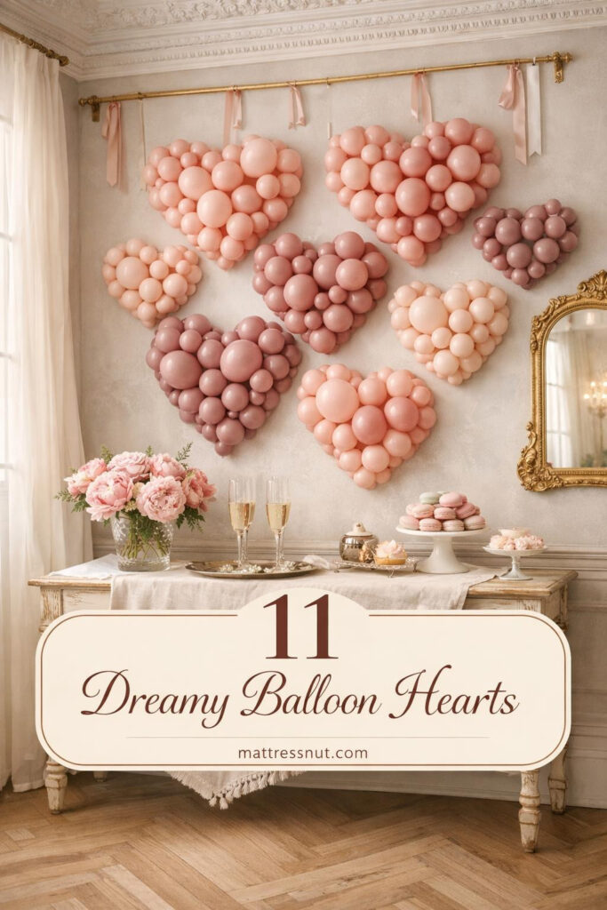 Pink heart-shaped balloons arranged on white wall creating romantic Valentine's Day display in modern apartment