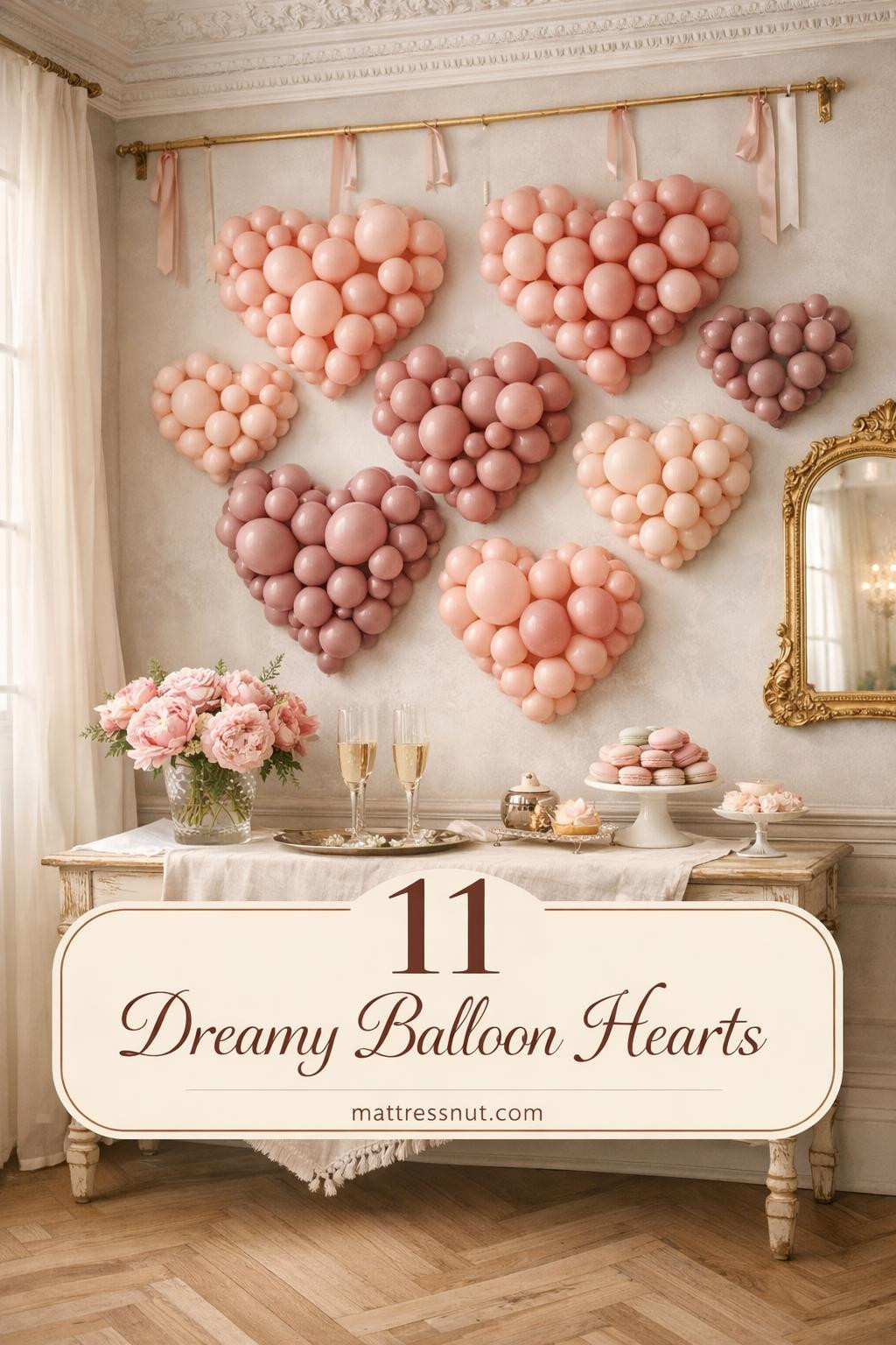 Pink heart-shaped balloons arranged on white wall creating romantic Valentine's Day display in modern apartment