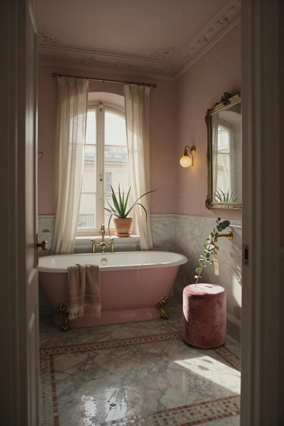 Pink bathroom with matte blush clawfoot tub and brass sconces