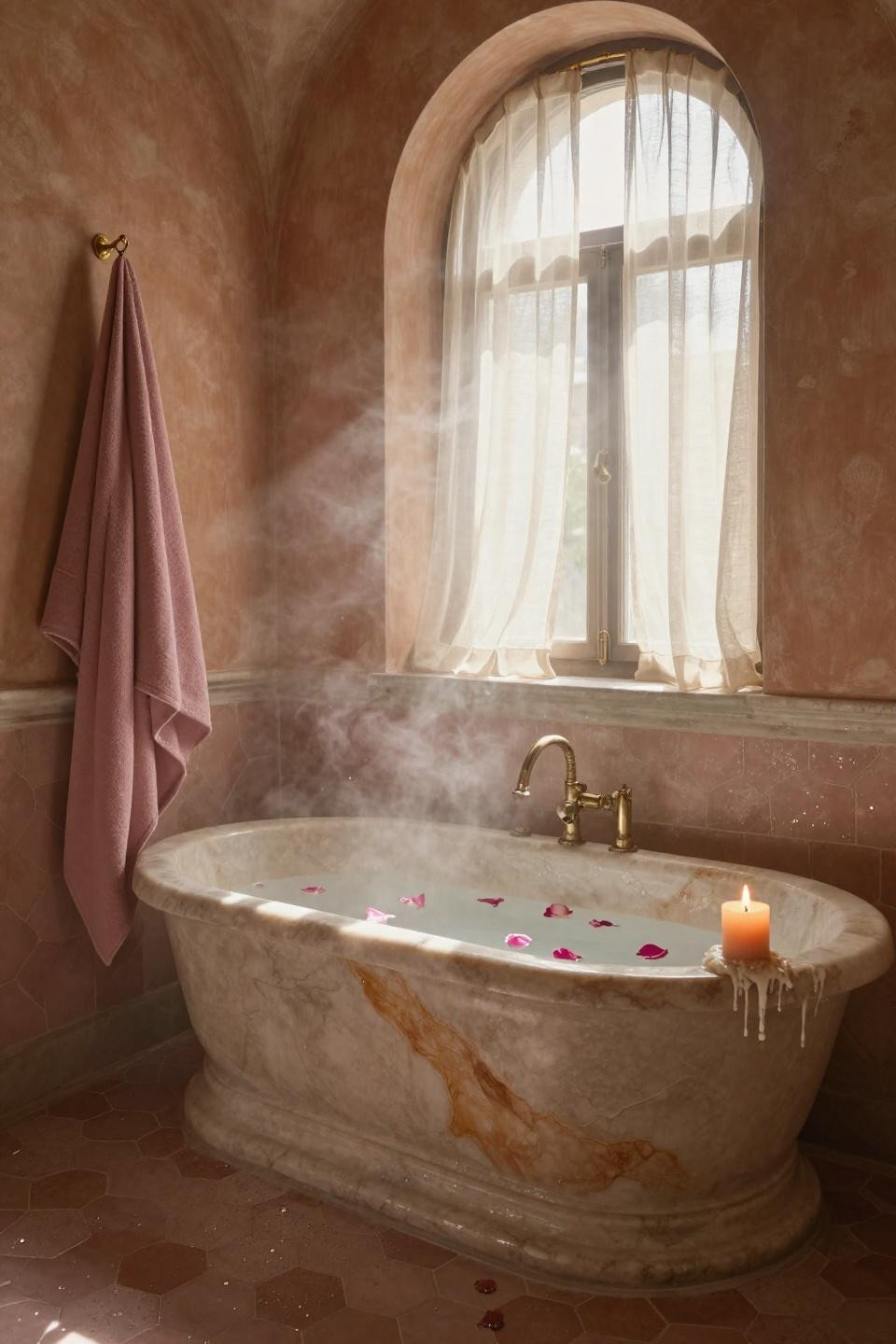 Pink bathroom with arched travertine tub and zellige tiles