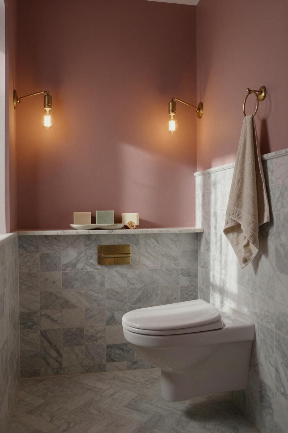 Pink bathroom with basket-weave marble and floating toilet