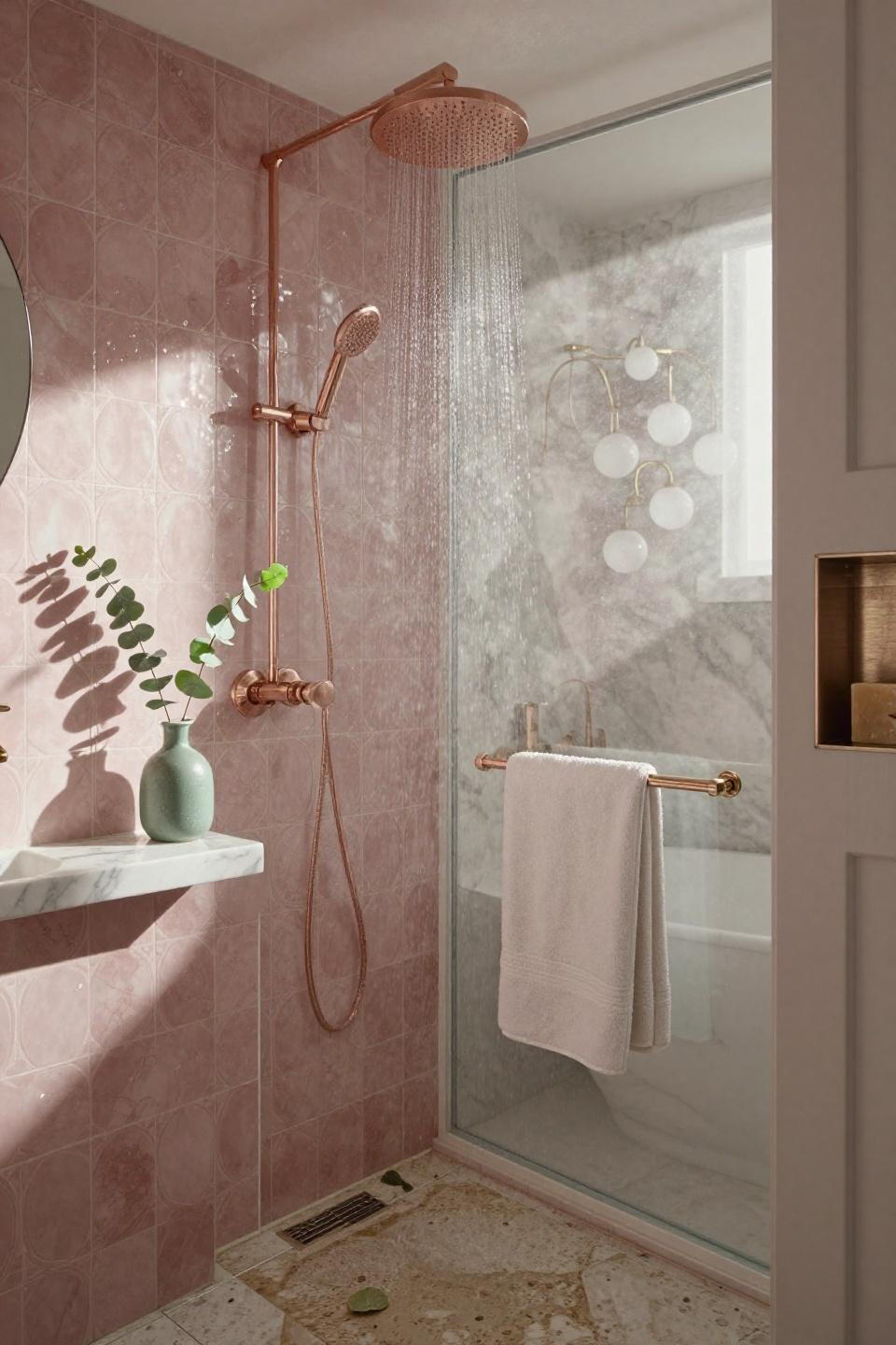 Pink bathroom with double rainfall showerheads and iridescent tiles