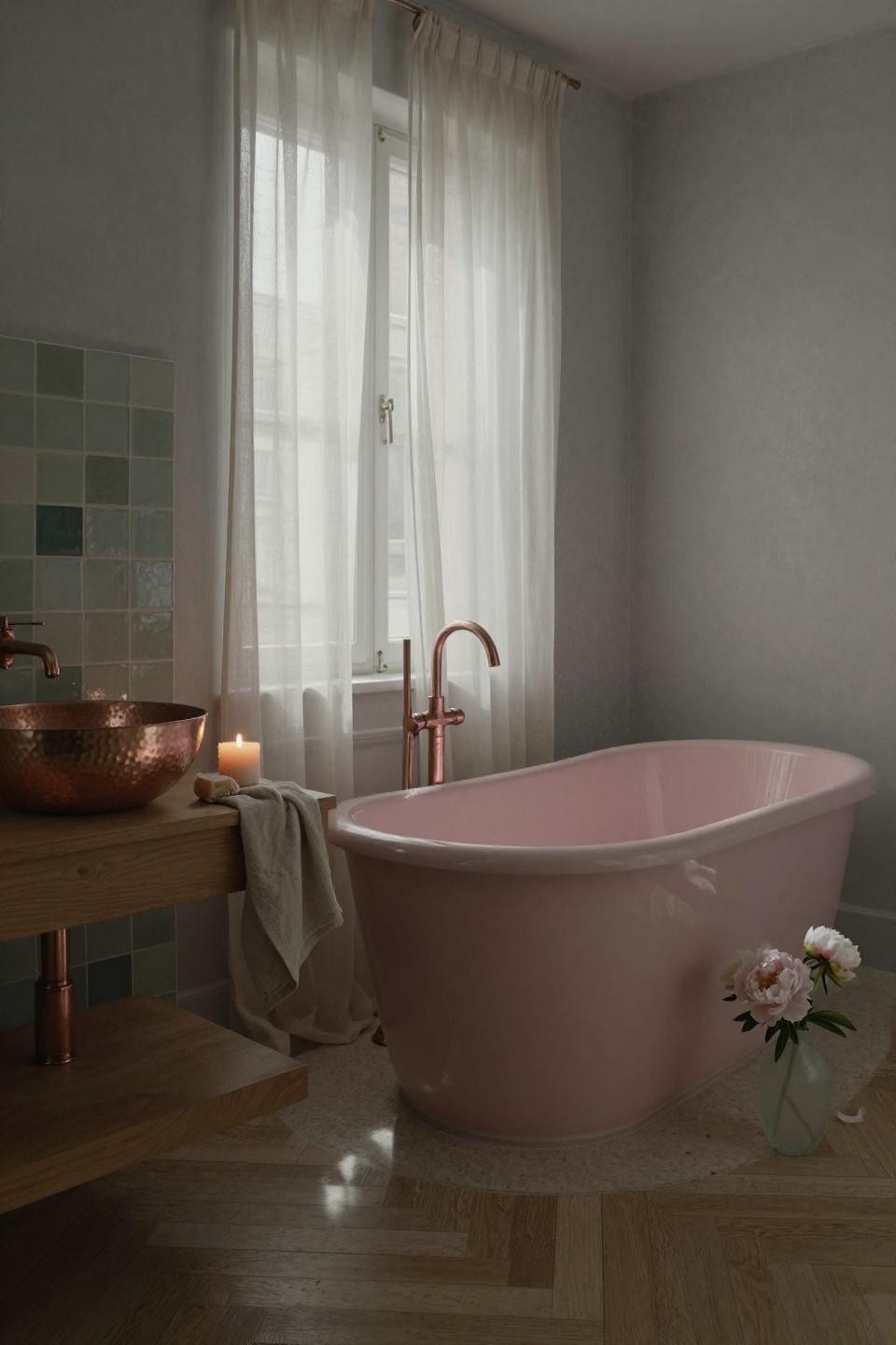Pink bathroom with matte blush tub and rose gold floor-mounted faucet
