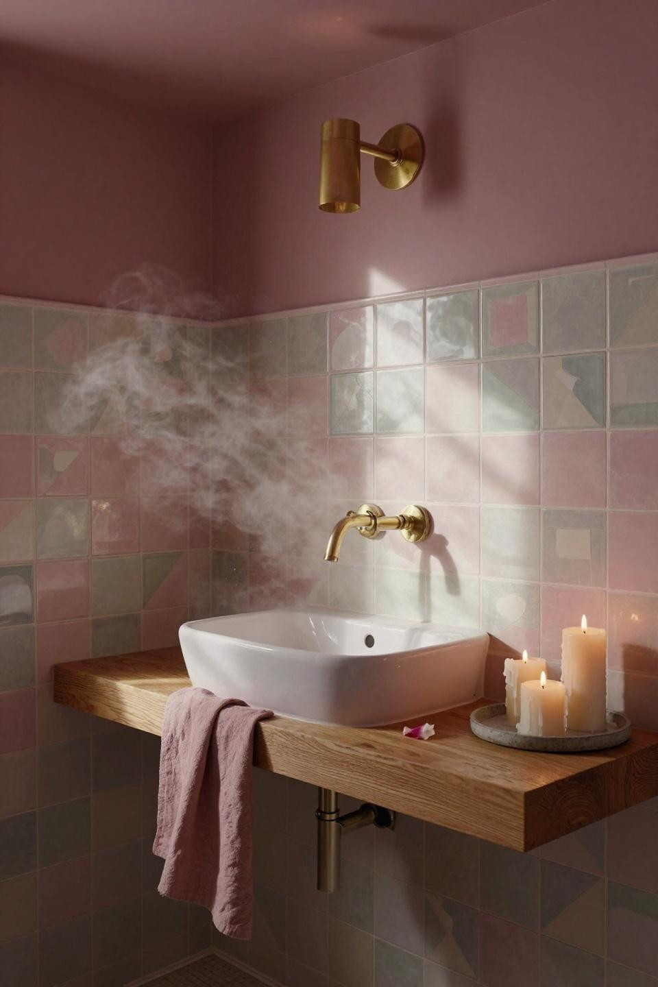 Pink bathroom with hand-painted encaustic tiles and floating shelf