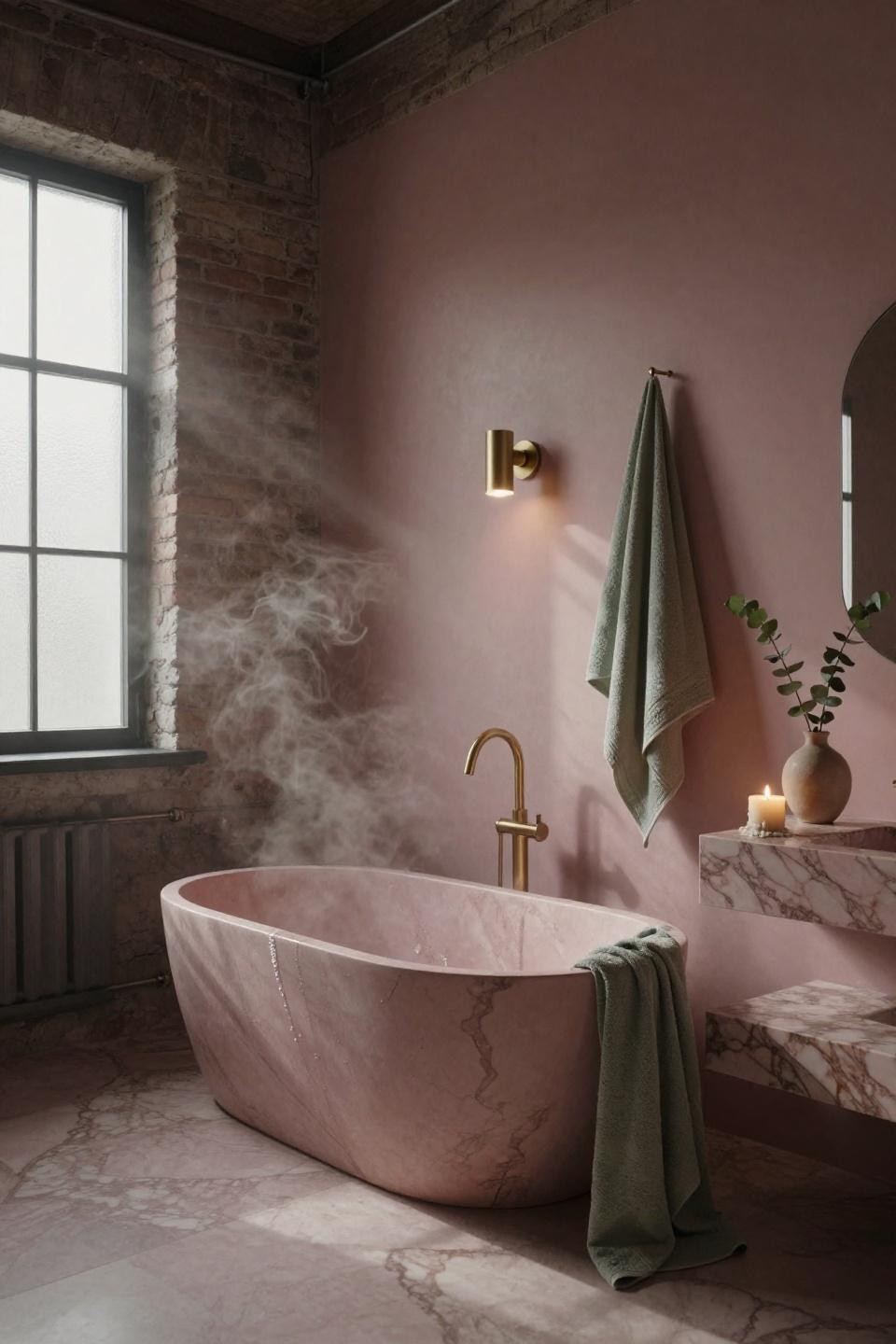 Pink bathroom with freestanding blush tub and exposed brick